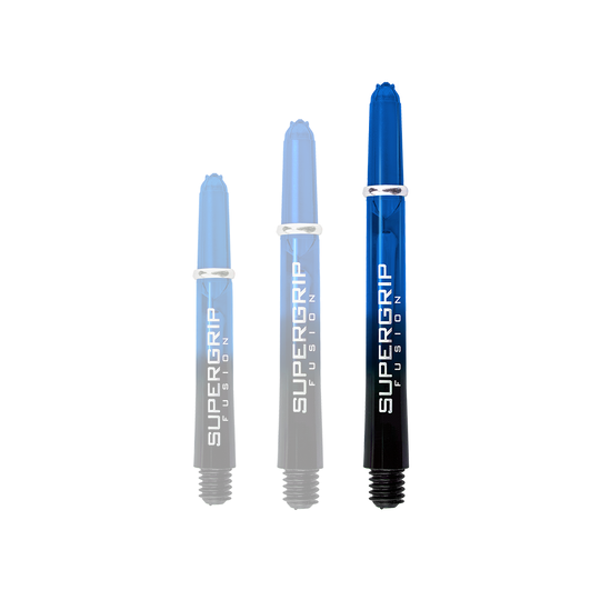 Das Bild zeigt drei blaue Harrows Supergrip Fusion Shafts in unterschiedlichen Längen. Die Schäfte sind für Dartpfeile geeignet und tragen den Schriftzug "SUPERGRIP FUSION".