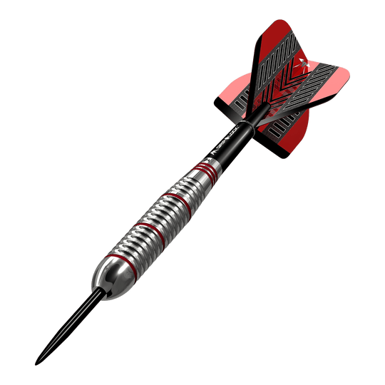 Fléchettes Mission Rogue en acier laitonné - 22 g Das Bild zeigt einen Mission Rogue Brass Steeldart mit einem Gewicht von 22g. Der Dartpfeil hat ein silbernes Griffstück mit roten Akzenten und rote Flights.