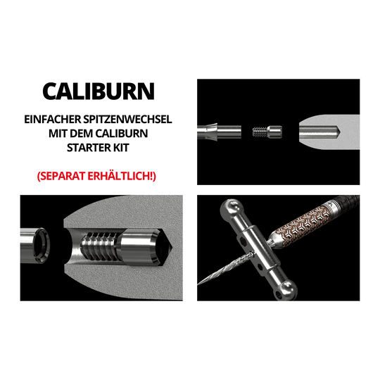 Pointes de fléchettes en acier Caliburn System - Spiro - NoLip - argent Das Bild zeigt eine Montageanleitung für ein spezielles Steeldartspitzen-System. Es illustriert die einzelnen Bauteile und Werkzeuge sowie deren Zusammenbau.