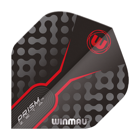6915-306_Winmau_Prism_Zeta_GreyRed_Standard_Flights_1 Das Bild zeigt das Produkt "Winmau Prism Zeta GreyRed Standard Flights". Das Flight ist in den Farben Grau, Rot und Schwarz mit modernen Mustern gestaltet.