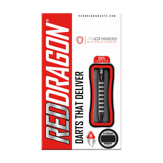 Auf dem Bild ist eine Verpackung für Red Dragon Steeldarts zu sehen. Die Verpackung hebt hervor, dass die Darts zu 90 % aus Wolfram bestehen und für präzises Werfen geeignet sind.