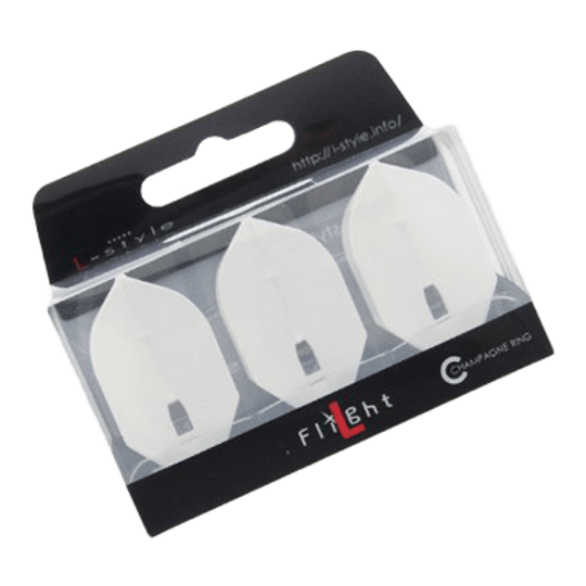 L-L-Style5PRO Rocket Flights Das Bild zeigt eine Packung mit drei weißen L-Style L5PRO Rocket Flights. Die Flights sind ordentlich nebeneinander in einer durchsichtigen Verpackung angeordnet.