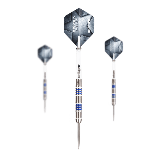 Fléchettes en acier Unicorn Silver Star Var.4 Gary Anderson Abgebildet ist ein Set Unicorn Silver Star Var.4 Gary Anderson Steeldarts. Das Set besteht aus mehreren silbernen Darts mit Flights.