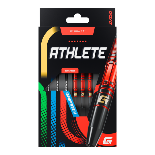 Das Bild zeigt die Verpackung der GOAT Athlete Red Brass Steeldarts mit einem Gewicht von 11g. Die Darts haben eine rote und schwarze Farbgebung und verfügen über eine Stahlspitze.