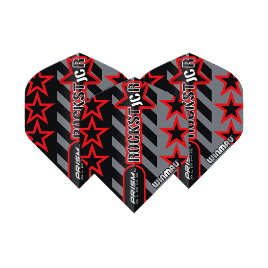 6915-713_Winmau_Prism_Alpha_Joe_Cullen_GreyBlack_Standard_Flights_14oPRFI0vTyU6B Das Bild zeigt drei Winmau Prism Alpha Joe Cullen GreyBlack Standard Flights. Die Flights sind schwarz und grau gestaltet und mit roten Sternen und dem Schriftzug "ROCKSTAR" bedruckt.