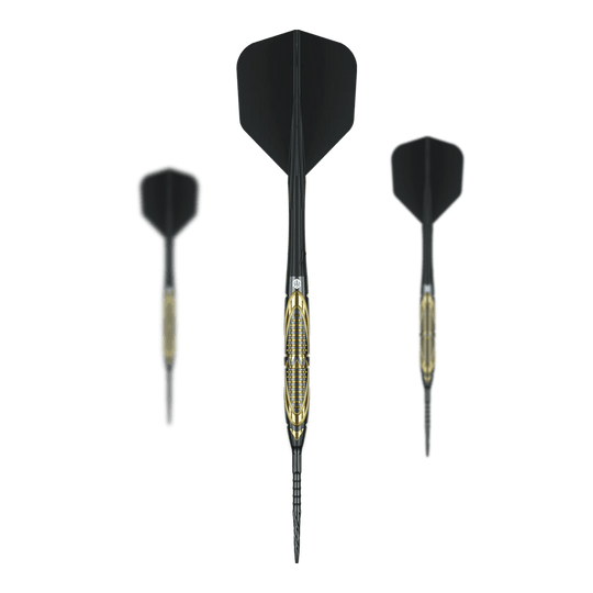 Fléchettes en acier Caliburn Halo H2 - 22,5 g Auf dem Foto sind die Caliburn Halo H2 Steeldarts - 22,5g als komplettes Set zu sehen. Die Steeldarts liegen nebeneinander angeordnet.