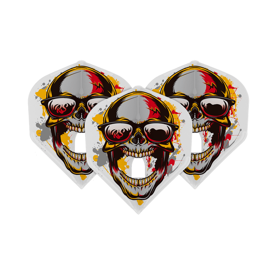 Volets standard L-Style Marijanovic V1 L1PRO Das Bild zeigt drei L-Style Marijanovic V1 L1PRO Standard Flights. Auf jedem Flight ist ein auffälliger Totenkopf mit Sonnenbrille und bunten Farbeffekten abgebildet.