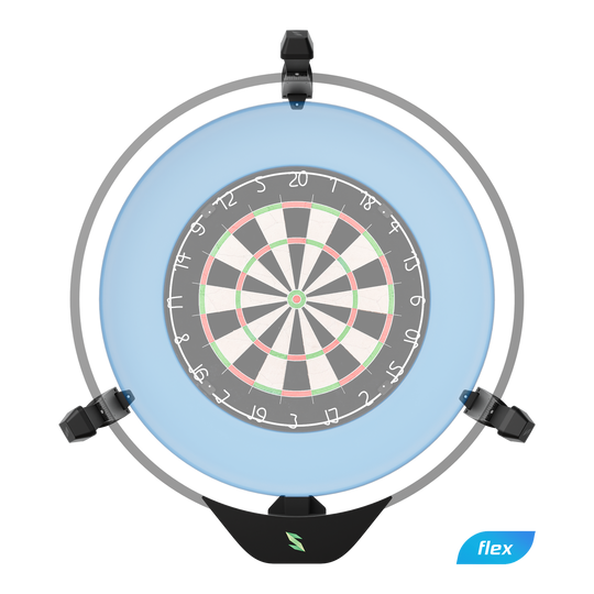 Scolia Home 2 FLEX - Système de notation électronique automatique 2026 Das Bild zeigt das Produkt "Scolia Home 2 FLEX - Electronic Score System". Es handelt sich um ein elektronisches Punktesystem für eine Dartscheibe, das von einem runden Rahmen mit blauer Beleuchtung umgeben ist.