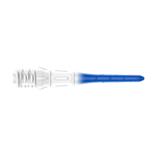 Das Bild zeigt eine Dartspitze mit einem Farbverlauf von Weiß zu Blau. Die Spitze hat kleine Einkerbungen entlang des blauen Teils.