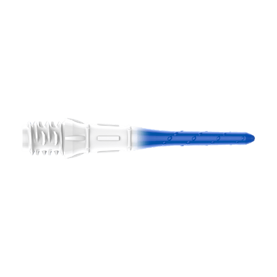 Embouts de lèvres dégradés L-Style Premium (paquet de 30) Das Bild zeigt eine Dartspitze mit einem Farbverlauf von Weiß zu Blau. Die Spitze hat kleine Einkerbungen entlang des blauen Teils.