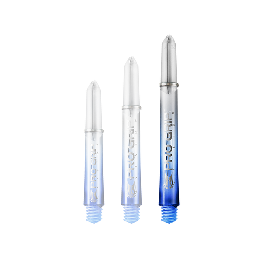 Tiges Target Pro Grip Vision - 3 jeux - Bleues Das Bild zeigt drei unterschiedlich lange Dartshafts der Marke "Pro Grip" in Blau. Sie sind unten blau und werden nach oben hin durchsichtig.