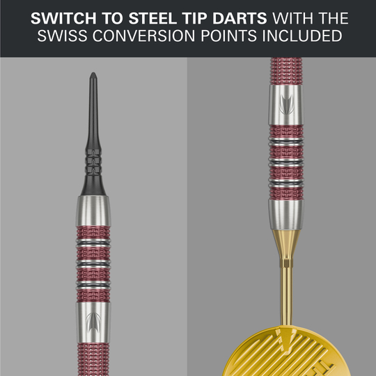 Fléchettes souples Target Stephen Bunting 95K - 19 g Das Bild zeigt die Target Stephen Bunting 95K Softdarts mit einem Gewicht von 19 Gramm. Oben steht, dass man mit den enthaltenen Swiss Conversion Points einfach auf Steel-Tip-Darts wechseln kann.