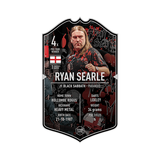 Carte de fléchettes ultime - Ryan Searle Das Bild zeigt die „Ultimate Darts Card“ von Ryan Searle. Auf der Karte sind Informationen zu seinem Spitznamen, Geburtsdatum, Herkunft und Erfolgen im Dartsport zu sehen.