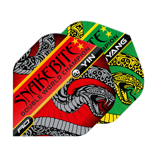 Dragon Rouge Peter Wright Morsure de Serpent Rouge Vert Yin Yang Vols Standards Auf dem Bild sind zwei bunte Dart-Flights mit Schlangenmotiven zu sehen. Die Flights tragen die Aufschrift "Snakebite Double World Champion" und haben die Farben Rot und Grün.