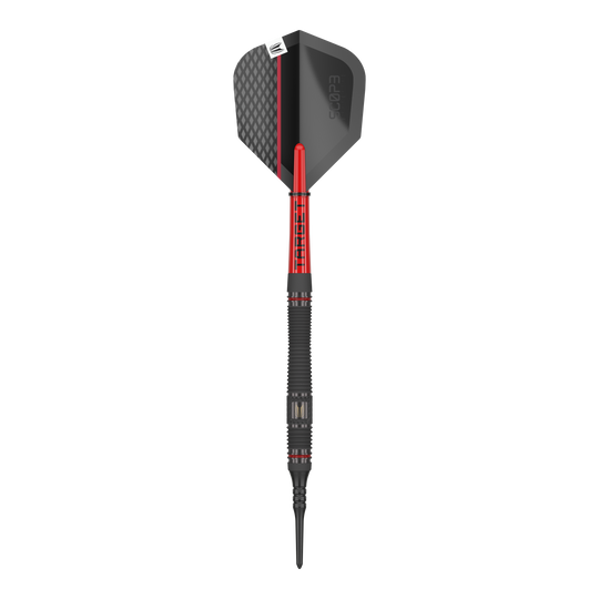 Target Scope 11 fléchettes souples Das Bild zeigt einen Softdart namens "Target Scope 11 Softdarts". Der Dart ist schwarz und rot mit einem modernen Design und einer strukturierten Oberfläche.