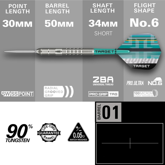 Fléchettes en acier Target Hydro 01 Swiss Point Das Bild präsentiert die Target Hydro 01 Swiss Point Steeldarts. Diese Steeldarts sind besonders für erfahrene Spieler geeignet.