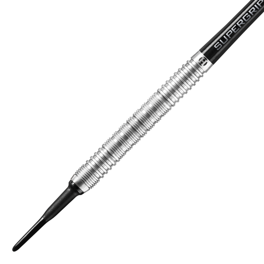 Fléchettes souples parallèles Harrows Control Das Bild zeigt einen Harrows Control Parallel Softdart mit einem silbernen, gerillten Barrel. Der Dart hat eine schwarze Kunststoffspitze und einen Schaft mit der Aufschrift "Supergrip".