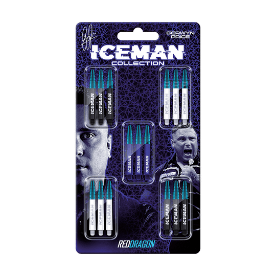 Das Bild zeigt das Produkt "Red Dragon Gerwyn Price Iceman Shaft Collection Medium" in seiner Verpackung. Die Verpackung enthält mehrere Sets von Dartshafts in verschiedenen Farben und trägt das Bild sowie den Namen von Gerwyn Price.