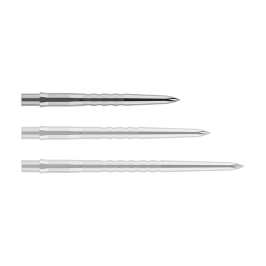 Embouts de fléchettes Mission Caliburn EVO - Rainurés - Argent Das Bild zeigt drei silberne, gerillte Spitzen für Steeldarts in unterschiedlichen Längen. Sie sind nebeneinander auf einem weißen Hintergrund angeordnet.
