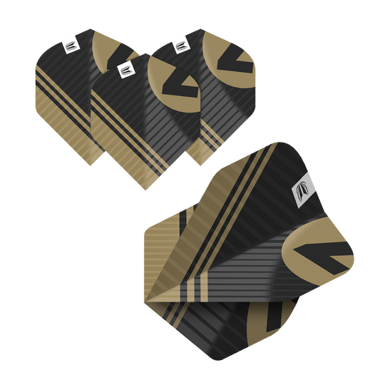 337204_Target_ProUltra_5Sets_Multipack_Chicane_No2_Standard_Flights_6fO3drNGLdpatn Das Bild zeigt fünf Sätze von Target Pro Ultra Chicane Multipack No2 Standard Flights. Die Flights sind schwarz-gold gemustert und haben ein modernes Design.