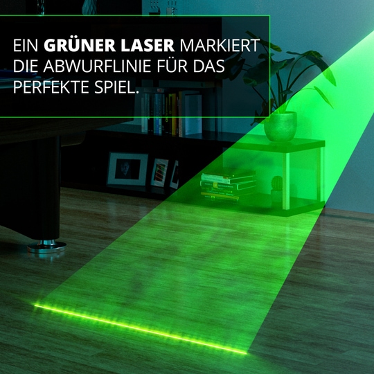 Das Bild zeigt den Target MOD Laser Oche, der eine grüne Laserlinie auf den Boden projiziert. Der Laser markiert die Abwurflinie für das perfekte Dartspiel.