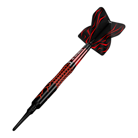 Fléchettes en mousse Mission Lava - 20 g Das Bild zeigt einen Mission Lava Softdart mit einem Gewicht von 20 Gramm. Der Dart ist in Schwarz und Rot gestaltet und hat ein modernes, auffälliges Design.
