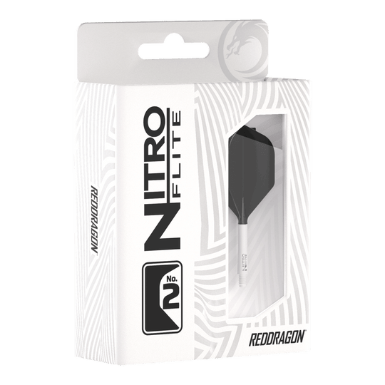 Red Dragon Nitroflite - Tige blanche Ailettes noires n°2 Die Abbildung zeigt die Produktverpackung des "Red Dragon Nitroflite" mit weißen Schäften und schwarzen No2 Flights. Die Packung ist überwiegend weiß gestaltet und hat ein Sichtfenster, durch das das Dart-Zubehör zu sehen ist.