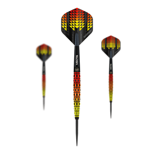 Fléchettes coniques en acier Winmau Firestorm Flame Die Abbildung zeigt die Winmau Firestorm Flame Tapered Steeldarts. Die Darts haben ein auffälliges Design in den Farben Gelb, Rot und Schwarz mit einem modernen, geometrischen Muster.