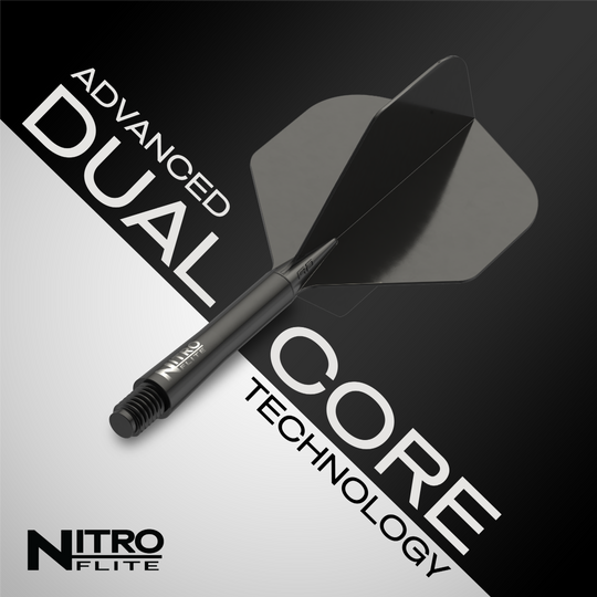 Ailettes Red Dragon Nitroflite - Tige noire, ailettes noires n°2 Das Bild zeigt das Produkt "Red Dragon Nitroflite - Black Shaft Black No2 Flights". Es hebt die fortschrittliche Dual-Core-Technologie hervor.