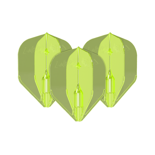 Volets L-Style Fantom L3EZ jaune fluo Das Bild zeigt drei neongelbe L-Style Fantom L3EZ Flights für Dartpfeile. Sie sind aus Kunststoff und haben eine glänzende, transparente Oberfläche.