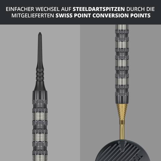 Fléchettes souples Target Rob Cross 95K Swiss Point - 18 g Das Bild zeigt den Target Rob Cross 95K Swiss Point Softdart mit 18g Gewicht. Es wird darauf hingewiesen, dass ein einfacher Wechsel auf Steeldartspitzen durch die mitgelieferten Swiss Point Conversion Points möglich ist.