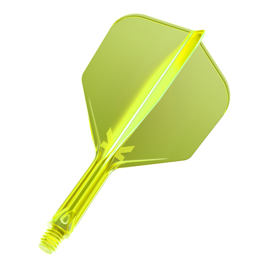 Système de vol Target K-Flex No6 - Jaune fluo Das Bild zeigt einen neon-gelben Dartflug mit integriertem Schaft. Das Material wirkt durchsichtig und hat eine glänzende Oberfläche.
