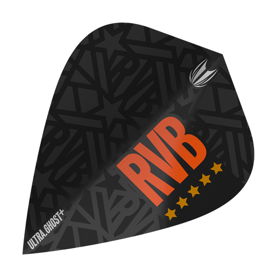 Vols de cerf-volant Target UltraGhost Raymond Van Barneveld GEN2 Dies ist ein Target UltraGhost Raymond Van Barneveld GEN2 Kite Flight. Das Flight ist schwarz mit großen orangen Buchstaben "RVB" und fünf gelben Sternen gestaltet.