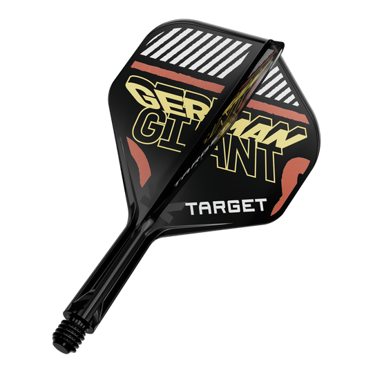 Système d'arbre de vol standard Target K-Flex Gabriel Clemens No2 Das Bild zeigt eine schwarze Dartflügel- und Schaftkombination mit der Aufschrift "GERMAN GIANT" und "TARGET". Die Farben sind hauptsächlich Schwarz, Gelb und Rot.