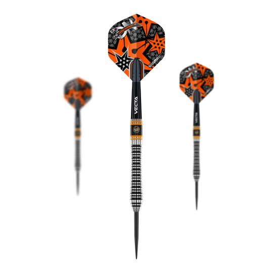 Winmau Danny Noppert Signature Edition 2 fléchettes en acier Das Bild zeigt drei Winmau Danny Noppert Signature Edition 2 Steeldarts. Die Darts haben auffällige Flights in Orange und Schwarz mit Sternmustern.