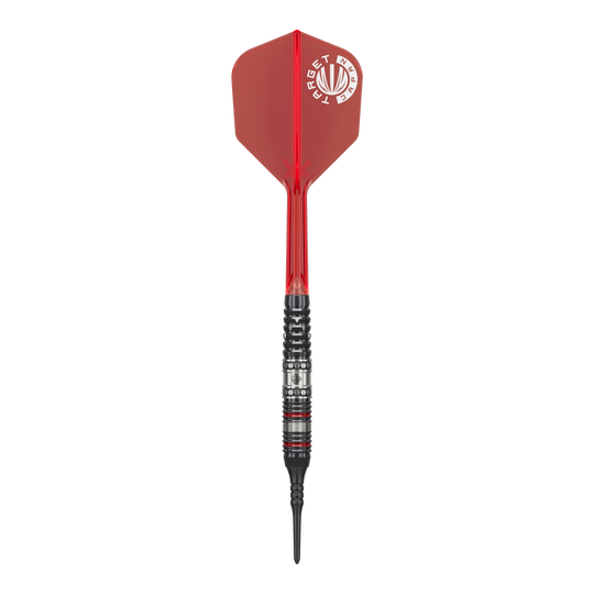 Fléchettes souples Target Japan Prime Series Diamond GEN3 - 18 g Auf dem Bild ist ein Softdart aus der Target Japan Prime Series Diamond GEN3 mit einem Gewicht von 18g zu sehen. Der Dart hat eine rote Flight und einen schwarz-silbernen Schaft mit feinen Details.