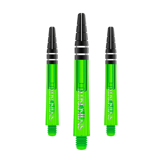 Das Bild zeigt drei grüne Dartschäfte mit schwarzer Spitze. Auf den Schäften steht das Wort "Snakebite" in weißer Schrift.