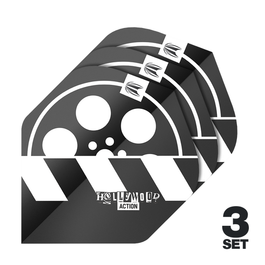 Target Pro Ultra Chris Dobey Hollywood Action No2 Standard Flights - 3 jeux Das Bild zeigt drei Sätze Target Pro Ultra Chris Dobey Hollywood Action No2 Standard Flights für Dartpfeile. Das Design ist schwarz-weiß mit einem Filmrollen- und Klappenmotiv sowie der Aufschrift "Hollywood Action".