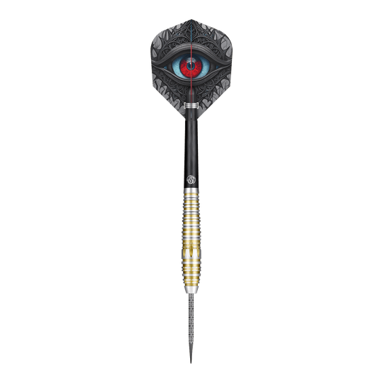 Fléchettes en acier Shot Celt Balor Dieses Bild zeigt einen Steeldartpfeil des Produkts "Shot Celt Balor Steeldarts". Auf dem Flight ist ein auffälliges Auge in blauen und roten Farbtönen abgebildet.
