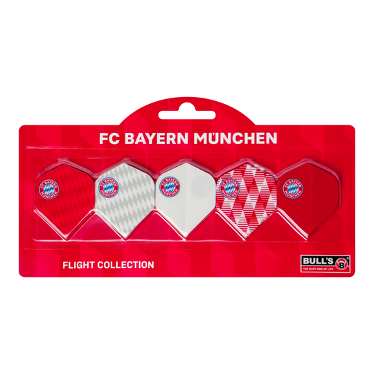 Abgebildet ist die Bulls FC Bayern München Flight Collection - 5 Satz. Die Flights sind speziell für Darts im FC Bayern München-Design.