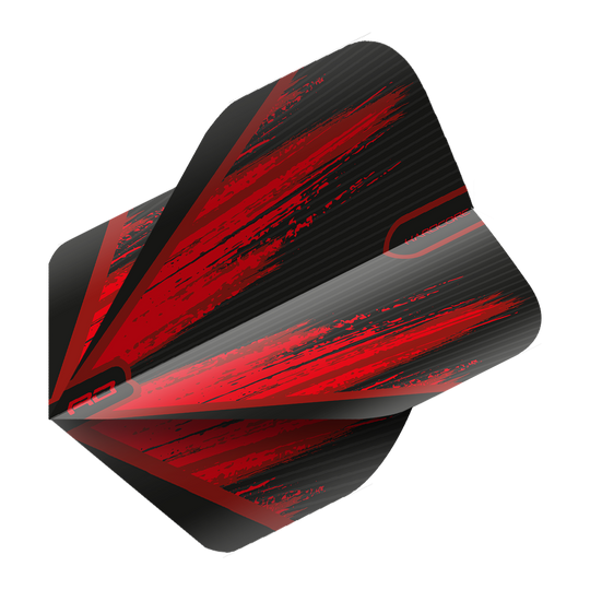 Dies ist ein Dart-Flight in den Farben Schwarz und Rot mit einem dynamischen, modernen Design. Die Oberfläche zeigt kräftige rote Streifen und das Wort "HARDCORE" ist darauf zu erkennen.