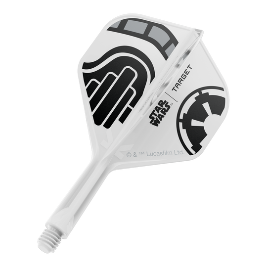 Target Star Wars K-Flex Stormtrooper No2 Vols Standard Das Bild zeigt einen kurzen Dartflügel mit dem Dateinamen 'Stormtrooper No2 Standard Flights Short 19mm 1'. Das Design ist inspiriert von der Star Wars Stormtrooper Optik.