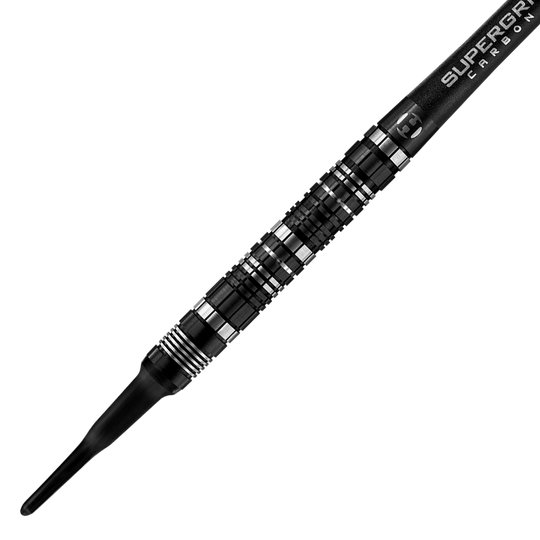 Das Bild zeigt einen Harrows Magnum Reloaded Softdart. Der Dart hat ein modernes, schwarzes Design mit silbernen Akzenten und einer geriffelten Griffzone.