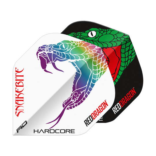 Dragon Rouge Peter Wright Morsure de Serpent Noir Blanc Yin Yang Vols Standards Das Bild zeigt zwei Dart-Flights mit auffälligen Schlangenmuster-Designs in Schwarz und Weiß. Auf beiden Flights stehen die Wörter "Snakebite" und "Red Dragon".