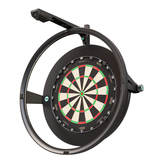 Caméra Target VIRT Das Bild zeigt das Produkt "Target VIRT Kamera", das eine Dartscheibe mit einer integrierten Kamera darstellt. Die Kamera ist oberhalb der runden Einfassung der Dartscheibe montiert.