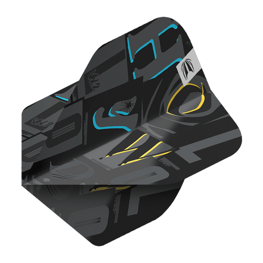 Das Bild zeigt ein schwarzes Dartflight mit modernen grafischen Mustern in Grau, Blau und Gelb. Es handelt sich um das Produkt "Target Pro Ultra Chris Dobey No2 Standard Flights - 3 Sets".