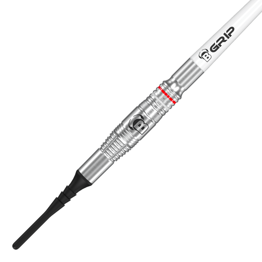 Das Bild zeigt einen Bulls Niko Springer Softdart mit einem Gewicht von 22g. Der Dart hat eine silberne Metallspitze und einen weißen Schaft mit der Aufschrift "B GRIP".