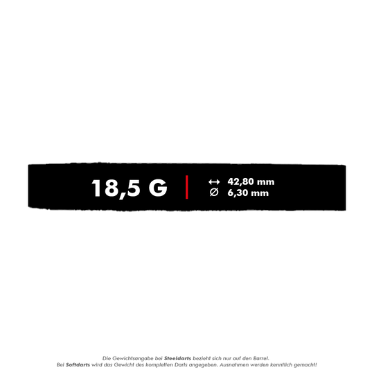 Fléchettes souples McDart 85 Tungstène V8 - 18,5 g Das Bild zeigt die technischen Daten der McDart 85er Tungsten V8 Softdarts mit einem Gewicht von 18,5 Gramm. Die Länge beträgt 42,80 mm und der Durchmesser 6,30 mm.
