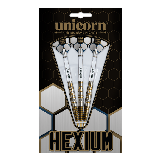 Fléchettes en acier Unicorn Hexium Style 03 or et noir Dies ist das Produkt Unicorn Hexium Style 03 Gold & Black Steeldarts. Drei Steeldarts in Gold und Schwarz sind abgebildet.