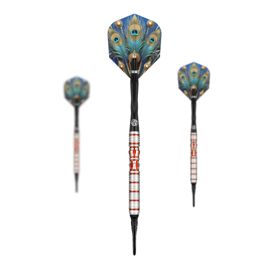 Fléchettes souples Juno de l'Empire romain Das Bild zeigt drei Softdarts des Modells „Shot Roman Empire Juno“. Die Flights sind mit einem auffälligen Pfauenfeder-Muster gestaltet.